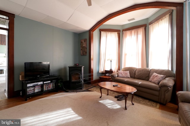 living room featuring a wood stove and hardwood / wood-style flooring