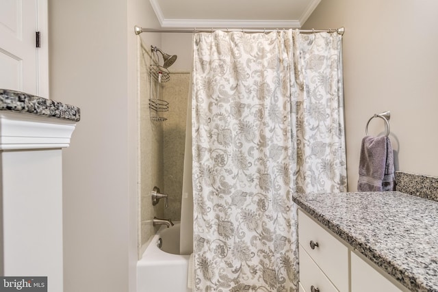 bathroom featuring vanity, shower / bath combo, and ornamental molding