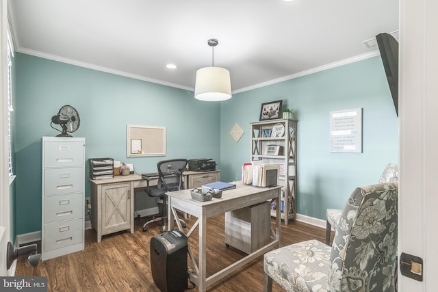 home office featuring dark hardwood / wood-style floors and crown molding