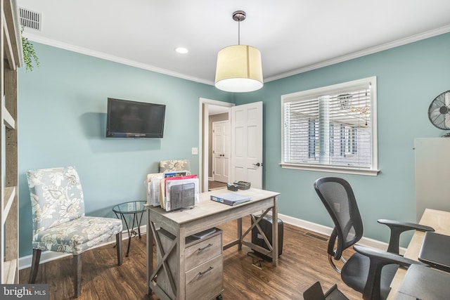 office space featuring dark hardwood / wood-style flooring and ornamental molding