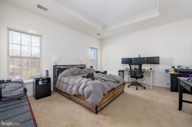 bedroom featuring a raised ceiling, light colored carpet, and ornamental molding