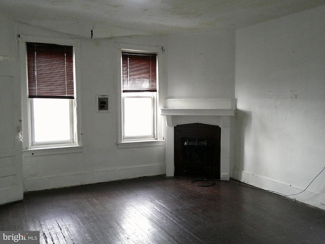 unfurnished living room with dark hardwood / wood-style flooring