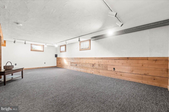 basement with rail lighting and carpet floors