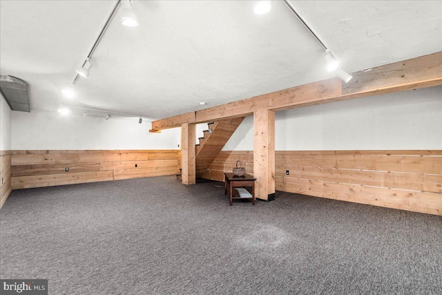 basement featuring track lighting, dark carpet, and wood walls