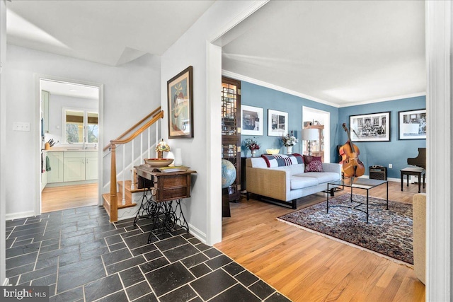 living room featuring dark hardwood / wood-style floors and crown molding