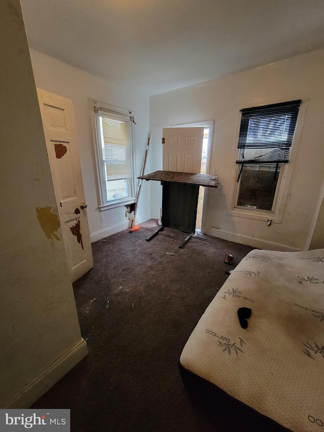 bedroom featuring dark carpet