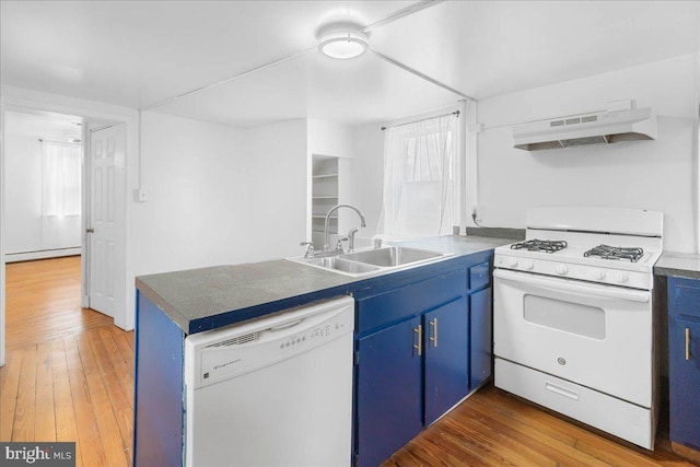 kitchen with dark hardwood / wood-style flooring, white appliances, sink, blue cabinetry, and range hood