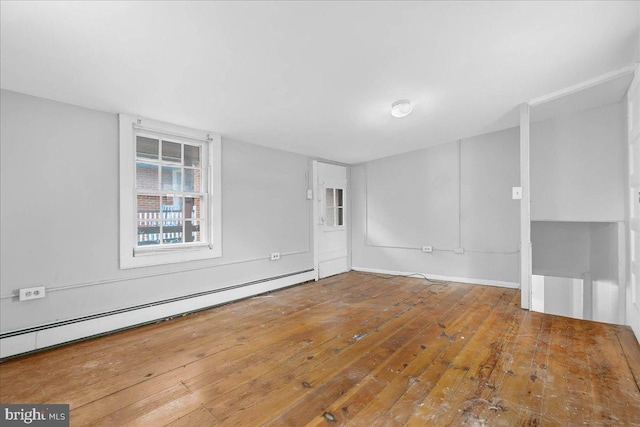 unfurnished room featuring hardwood / wood-style flooring and a baseboard heating unit