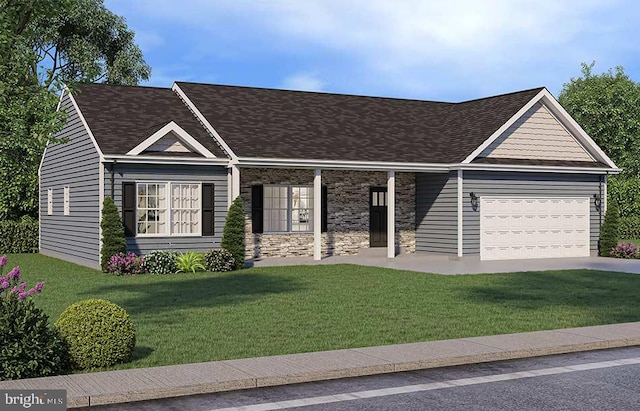 view of front of property with a garage, concrete driveway, a shingled roof, and a front yard