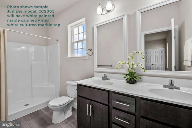 full bathroom with double vanity, wood finished floors, a sink, and toilet