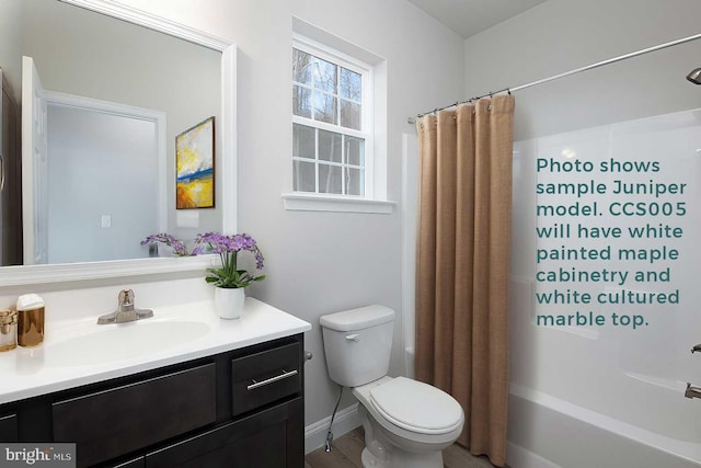 bathroom featuring baseboards, vanity, toilet, and shower / bathtub combination with curtain