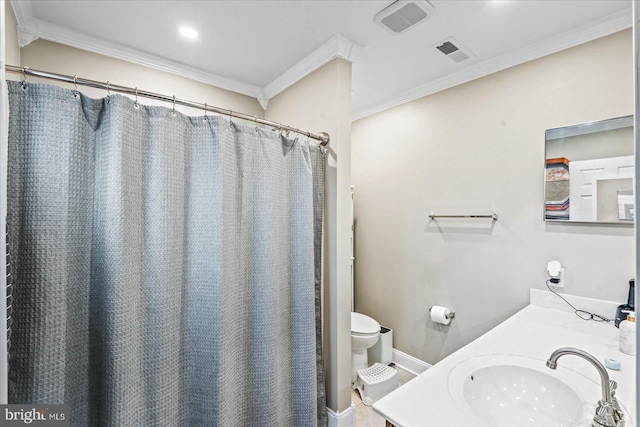 bathroom with a shower with shower curtain, vanity, toilet, and ornamental molding