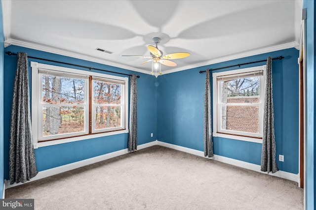 spare room with ceiling fan, carpet floors, and ornamental molding