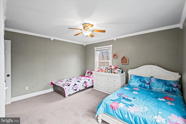 bedroom featuring carpet, ceiling fan, and ornamental molding