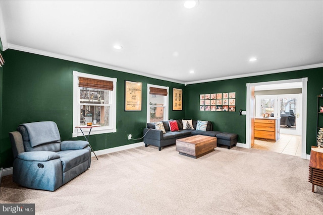 carpeted living room with crown molding