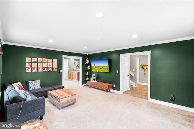 carpeted living room with ornamental molding