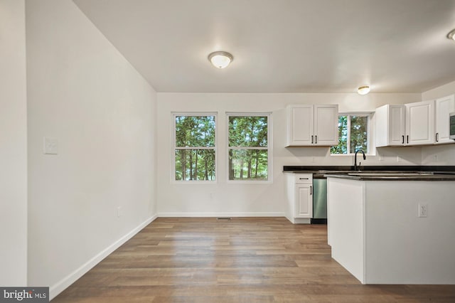 kitchen with white cabinets, a healthy amount of sunlight, and light hardwood / wood-style floors