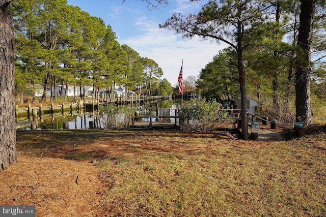 view of yard featuring a water view and a dock