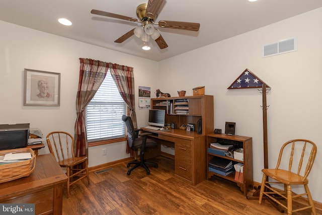 office with ceiling fan and dark wood-type flooring