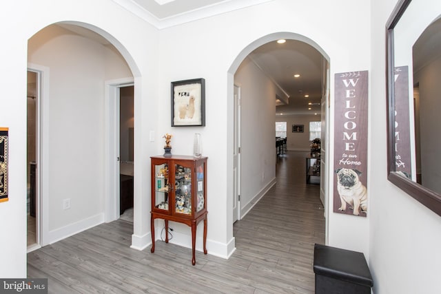 corridor with light hardwood / wood-style floors and ornamental molding