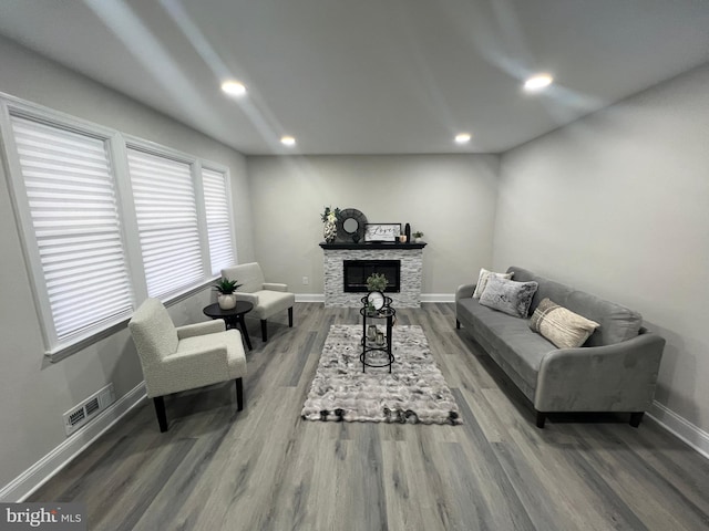 living room featuring a fireplace and hardwood / wood-style flooring