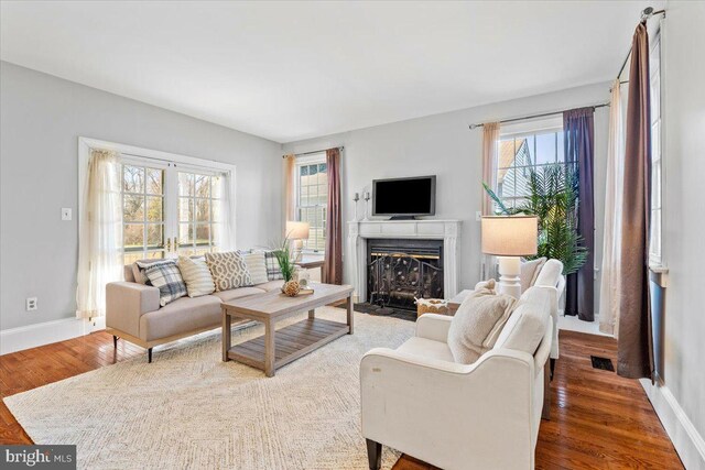 living room with dark hardwood / wood-style flooring and a wealth of natural light