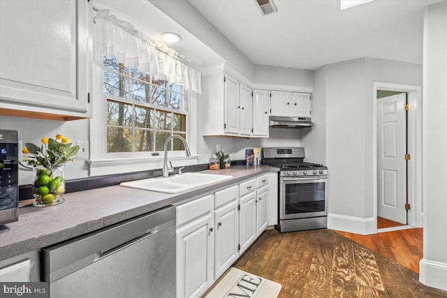 kitchen featuring dark wood-type flooring, white cabinetry, sink, and stainless steel appliances