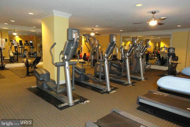 gym with carpet floors, ceiling fan, and ornamental molding