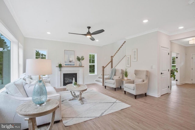 living room featuring light hardwood / wood-style floors, a wealth of natural light, ornamental molding, and ceiling fan