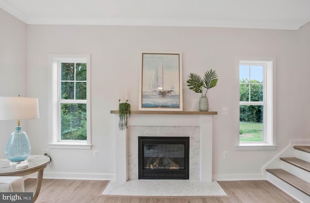 living room featuring a high end fireplace, light hardwood / wood-style floors, and plenty of natural light