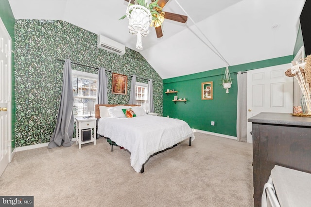 carpeted bedroom with vaulted ceiling, a wall unit AC, and ceiling fan