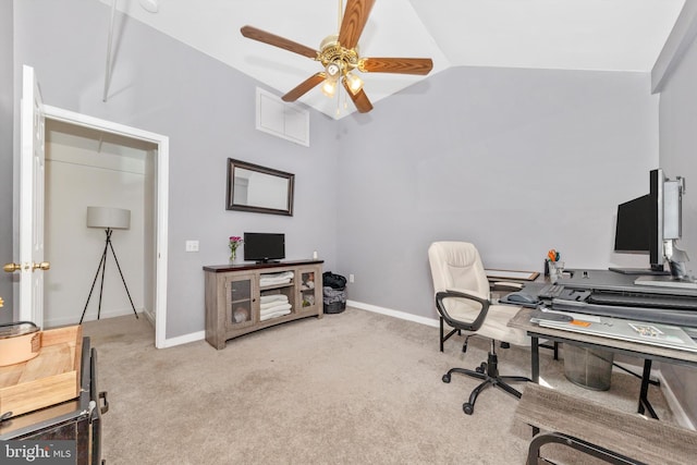 office with ceiling fan, high vaulted ceiling, and light colored carpet