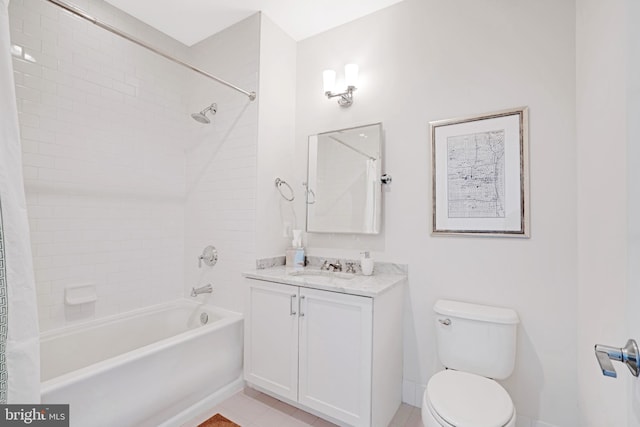 bathroom with shower / bath combo with shower curtain, toilet, vanity, and tile patterned flooring