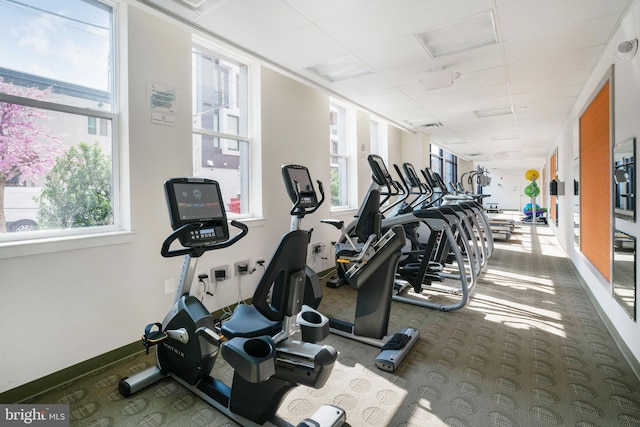 exercise room with plenty of natural light, baseboards, and carpet