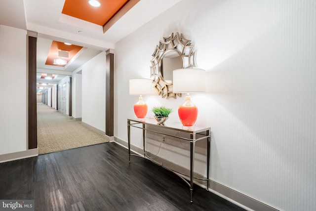 hall featuring a tray ceiling, wood finished floors, and baseboards