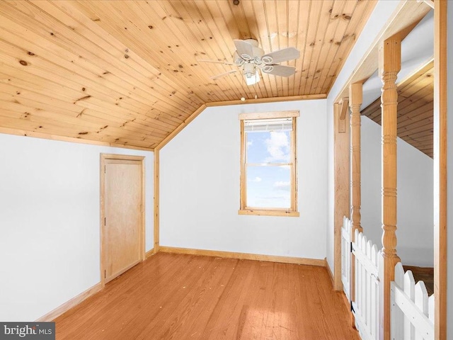 bonus room with ceiling fan, wood ceiling, vaulted ceiling, and light wood-type flooring