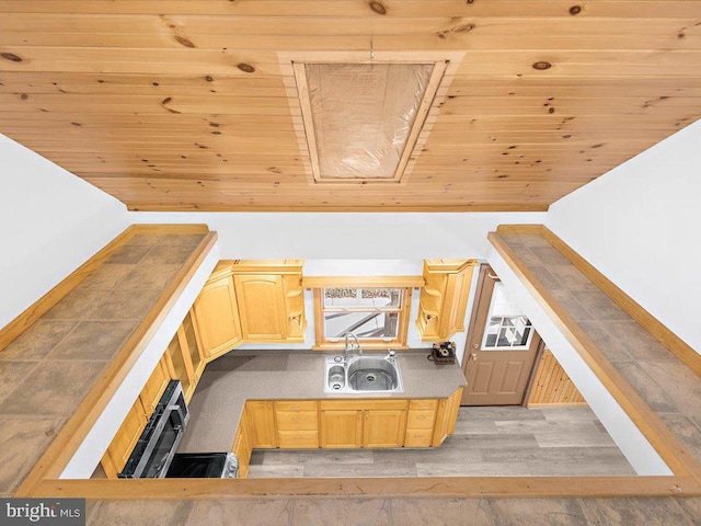 bonus room with light hardwood / wood-style flooring, wooden ceiling, and sink