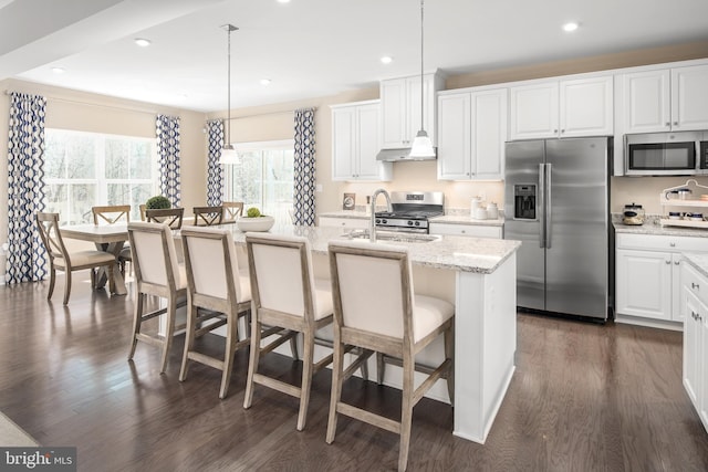 kitchen with an island with sink, stainless steel appliances, and decorative light fixtures