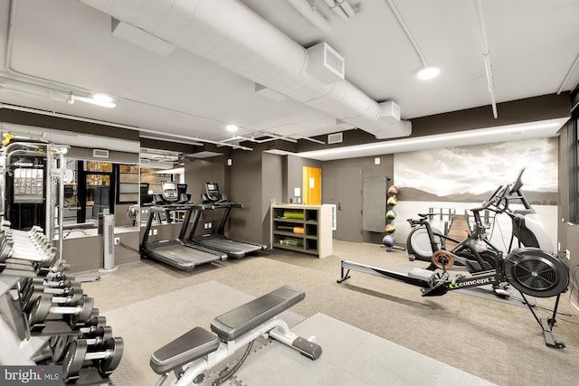 exercise room featuring carpet