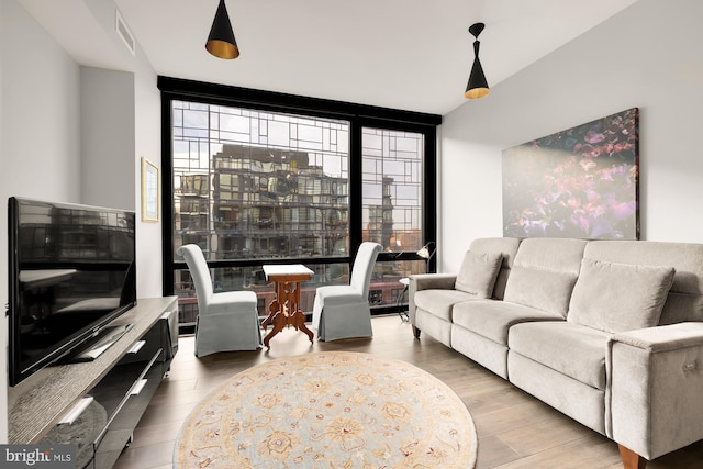 living room with a wall of windows and wood-type flooring