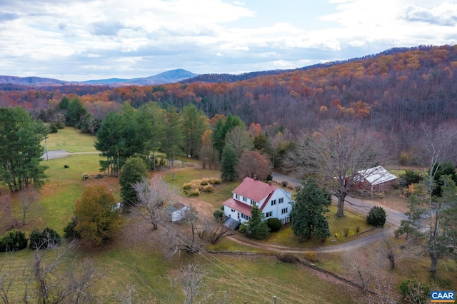 drone / aerial view featuring a mountain view