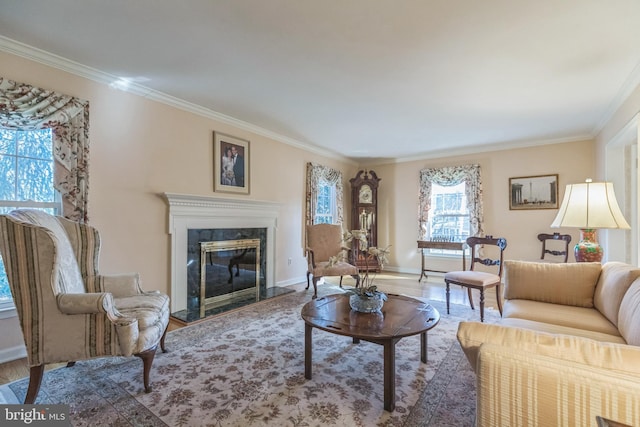 living room featuring a fireplace, hardwood / wood-style flooring, and ornamental molding