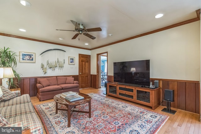 living room featuring ceiling fan, light wood-type flooring, and ornamental molding