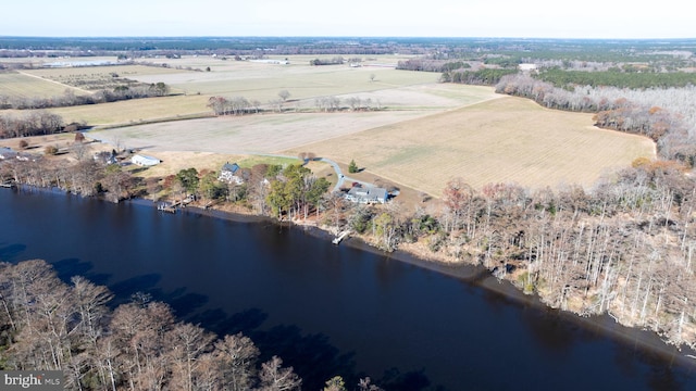 aerial view featuring a rural view and a water view