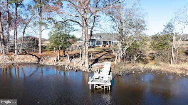 view of water feature with a dock