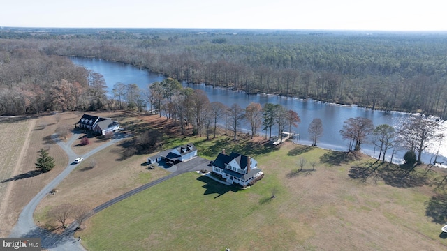 drone / aerial view with a water view