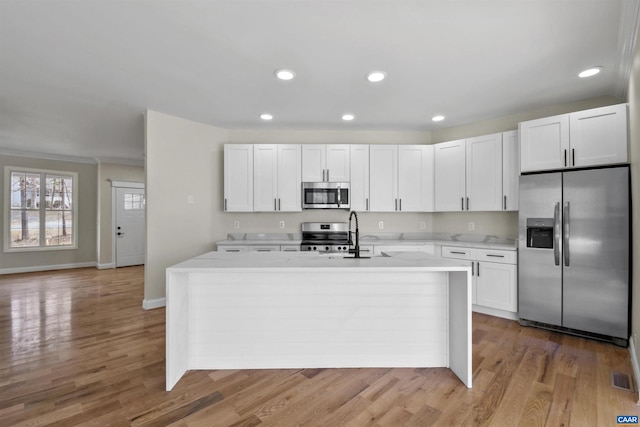 kitchen featuring white cabinetry, hardwood / wood-style floors, stainless steel appliances, and sink