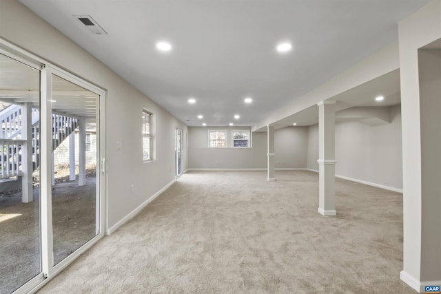 basement with light carpet