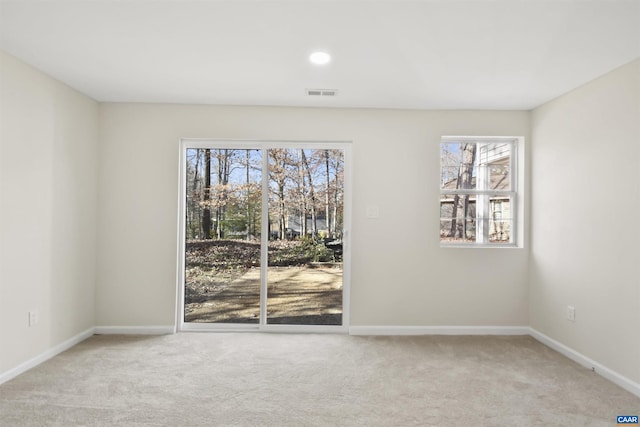 unfurnished room with light carpet and a healthy amount of sunlight