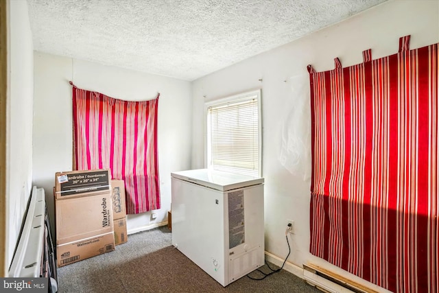 miscellaneous room with carpet, a textured ceiling, heating unit, and a baseboard heating unit